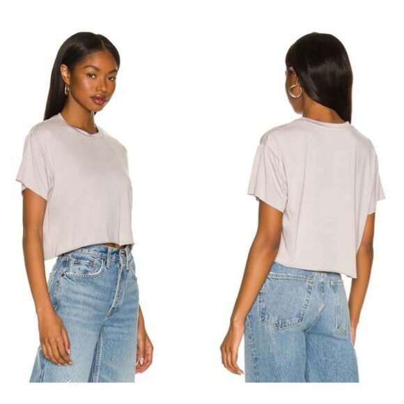 ALL THE WAYS NEW Sidney Boxy Raw Edge Crop Tee in Grey Size M - Picture 2 of 11